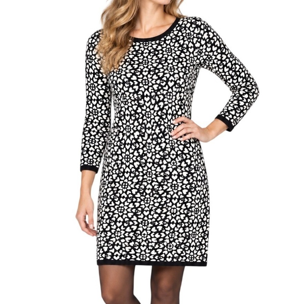 Boden Black White Geometric Heart Long Sleeve Sweater Dress Women's US 2